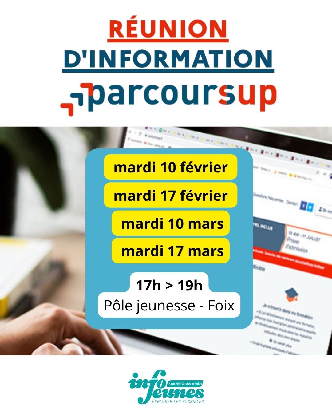 📢 Vous avez des questions sur Parcoursup ? On est là pour vous aider !
📅 Réunions d’information Parcoursup (collectives) :
Retrouvez-nous aux dates suivantes au Pôle jeunesse de Foix (17h > 19h) :
🔹 Mardi 10 février
🔹 Mardi 17 février
🔹 Mardi 10 mars
🔹 Mardi 17 mars
❓ Bloqué·e sur une formation, une candidature ou un dossier ? Pas de panique ! 💪 Passe nous voir du mardi au vendredi, de 10h à 17h à InfoJeunes Foix. (individuel)
📍 Où nous trouver ?
InfoJeunes Foix – 2 bd F. Mitterrand, 09000 Foix
📞 05 61 02 86 10
💬 Un doute ? Une question ? Laissez-nous un commentaire ou envoyez-nous un message ! On vous guide pas à pas. 😊
#Parcoursup #Orientation #InfoJeunes #PôleJeunesse